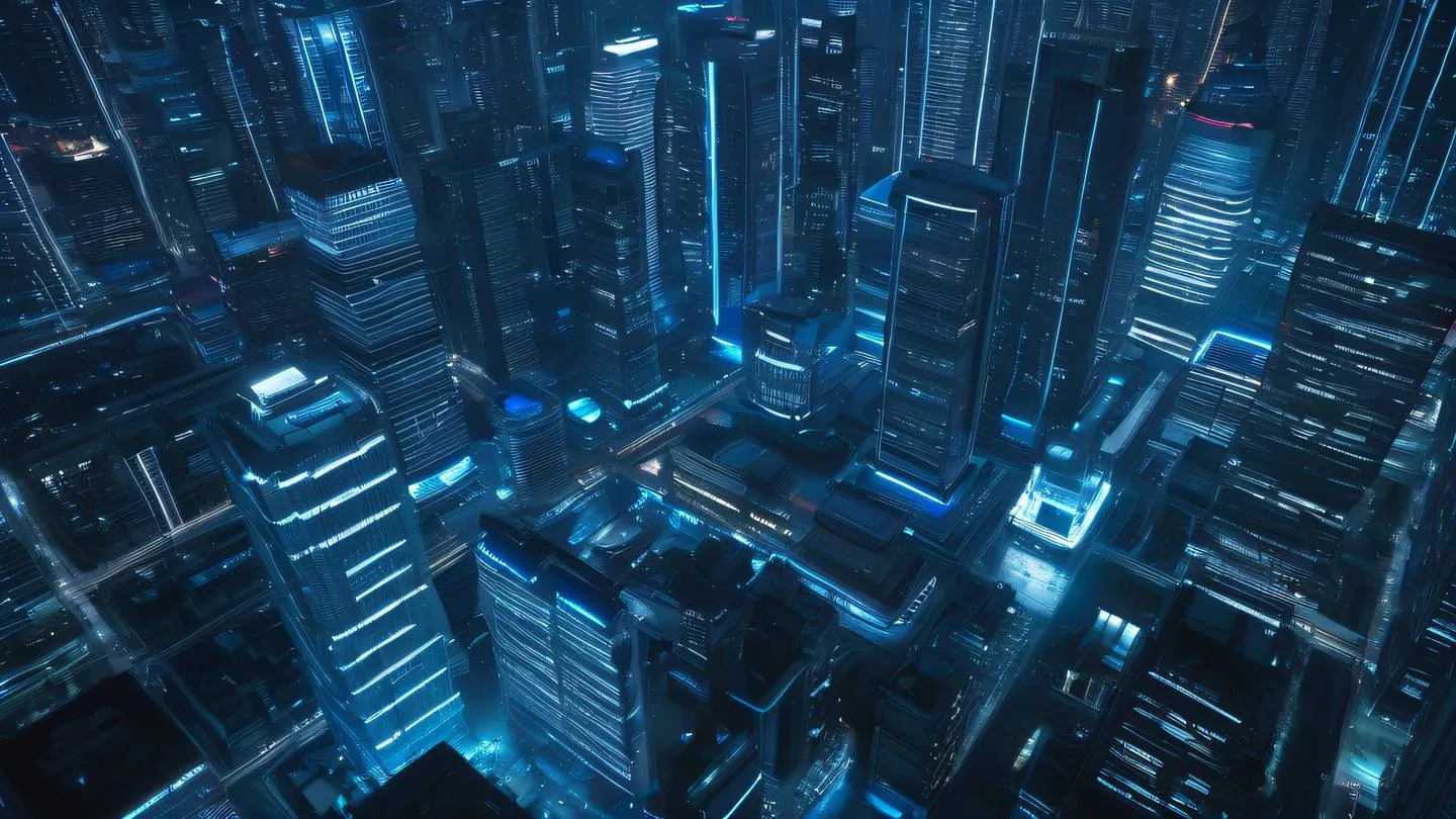 Futuristic cityscape with sleek skyscrapers illuminated by neon blue and white lights reflecting off glass surfaces captured from a bird's eye view high-quality ultra-realistic cinematic 8K UHD high resolution sharp and detail