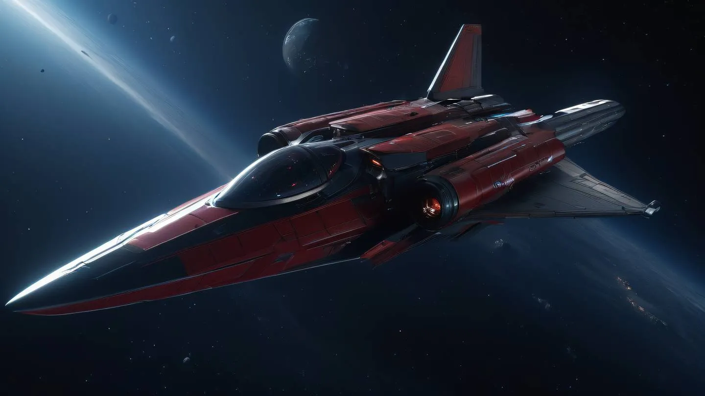 Abstract space scene with a sleek spacecraft design featuring blood red and metallic accents against the dark void of space dramatic side-angle perspective high-quality ultra-realistic cinematic 8K UHD high resolution sharp and detail