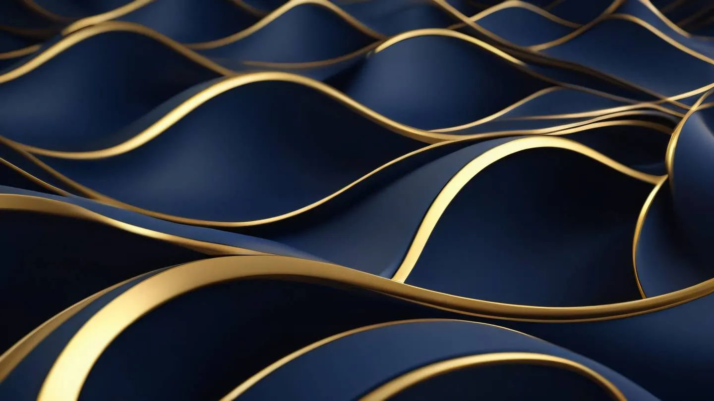 Smooth flowing geometric shapes in navy blue and gold forming interconnected patterns suggesting harmony and structure shot from a 45-degree angle high-quality ultra-realistic cinematic 8K UHD high resolution