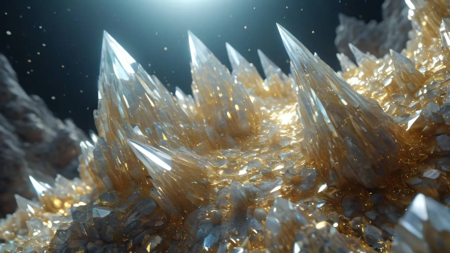 Crystalline formations in holographic colors with white and gold accents representing growth and structure photographed from below looking up high-quality ultra-realistic cinematic 8K UHD high resolution