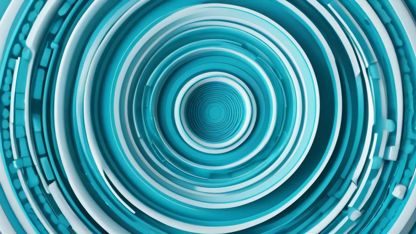 Abstract flowing shapes representing software testing and quality assurance featuring layered circular patterns in bright turquoise blue and crisp white shot from above perspective creating a sense of movement and precision high-quality ultra-realistic cinematic 8K UHD high resolution sharp and detail