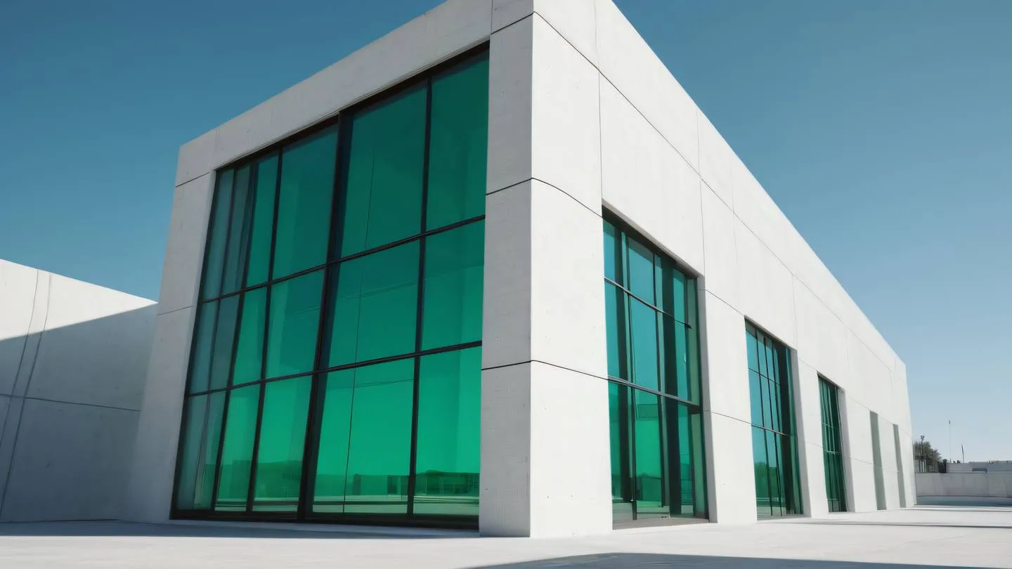 Modern minimal architectural structure with clean lines and geometric shapes featuring bright emerald green glass panels against white concrete photographed from a low angle perspective casting dramatic shadows high-quality ultra-realistic cinematic 8K UHD high resolution sharp and detail