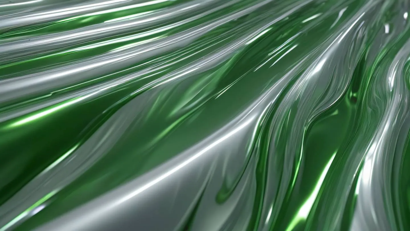 Flowing liquid metal texture with silver and bright green swirls captured from a diagonal angle showing smooth metallic surface with reflective properties high-quality ultra-realistic cinematic 8K UHD high resolution sharp and detail