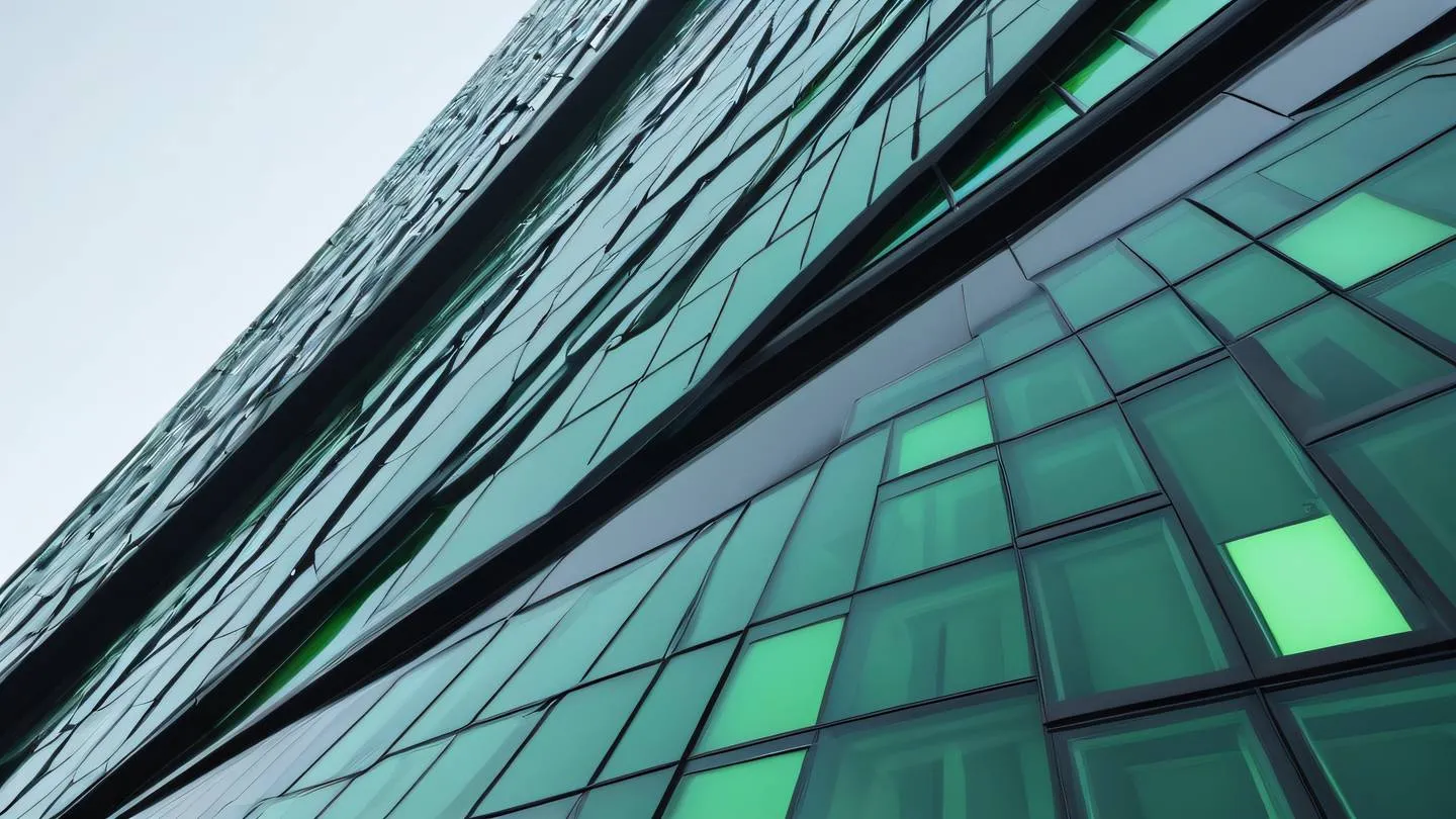 Modern architectural structure with clean lines and geometric patterns featuring black and bright green glass panels captured from a low angle perspective showing depth and dimension high-quality ultra-realistic cinematic 8K UHD high resolution sharp and detail