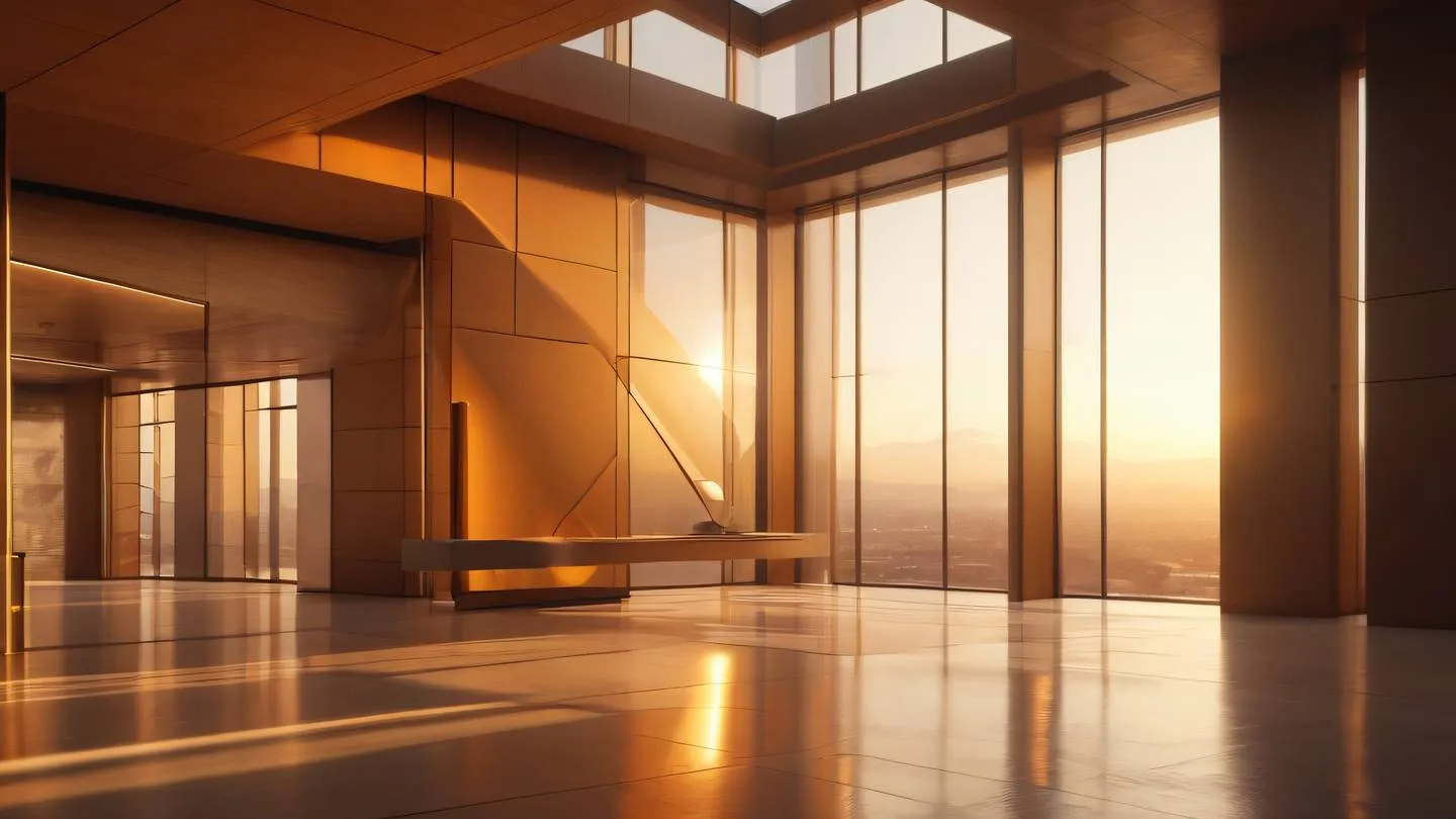 Futuristic minimalist interior with floating geometric shapes and smooth gradients flowing transitions between elements warm golden sunlight streaming through large windows featuring contemporary brown and orange tones ultra-realistic cinematic 8K UHD high resolution sharp and detailed wide-angle architectural shot