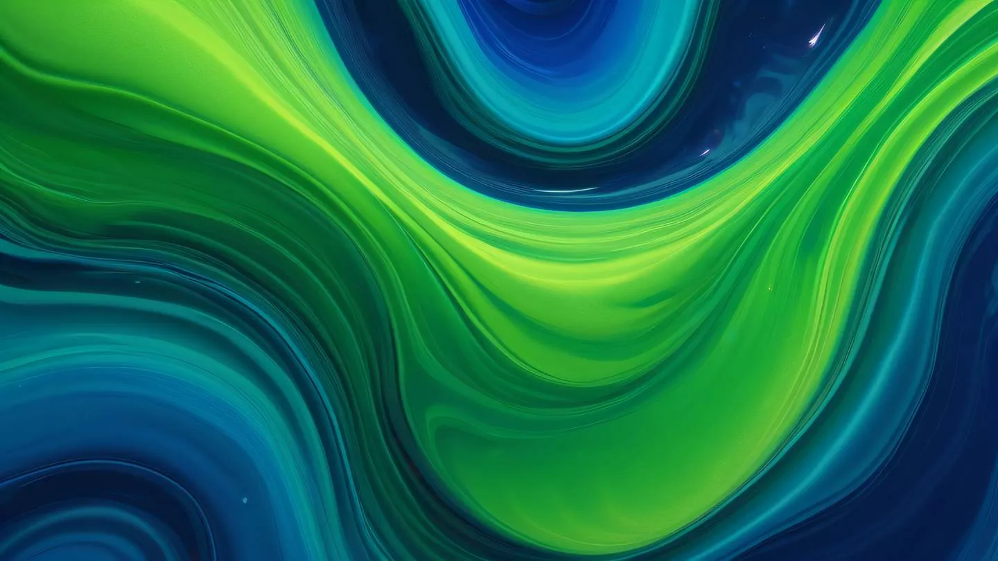 Abstract fluid art composition with flowing liquid shapes sapphire blue and fluorescent green gradients swirling together representing smooth transitions and motion ultra-realistic cinematic 8K UHD high resolution sharp and detailed top-down macro shot