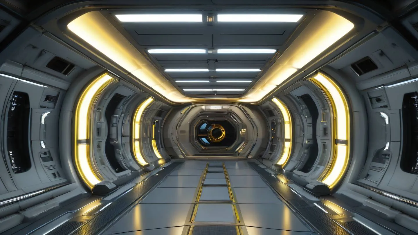 Space station interior with sleek metallic surfaces and dynamic lighting effects sunshine yellow accent lights reflecting off chrome surfaces featuring smooth curves and transitioning shadows ultra-realistic cinematic 8K UHD high resolution sharp and detailed low-angle dramatic shot