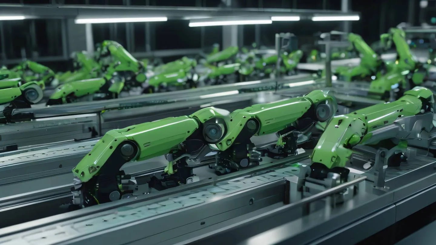 Robotic assembly line with smooth mechanical movements and precise transitions contemporary brown and fluorescent green accents mechanical parts flowing in perfect synchronization ultra-realistic cinematic 8K UHD high resolution sharp and detailed tracking shot along assembly line