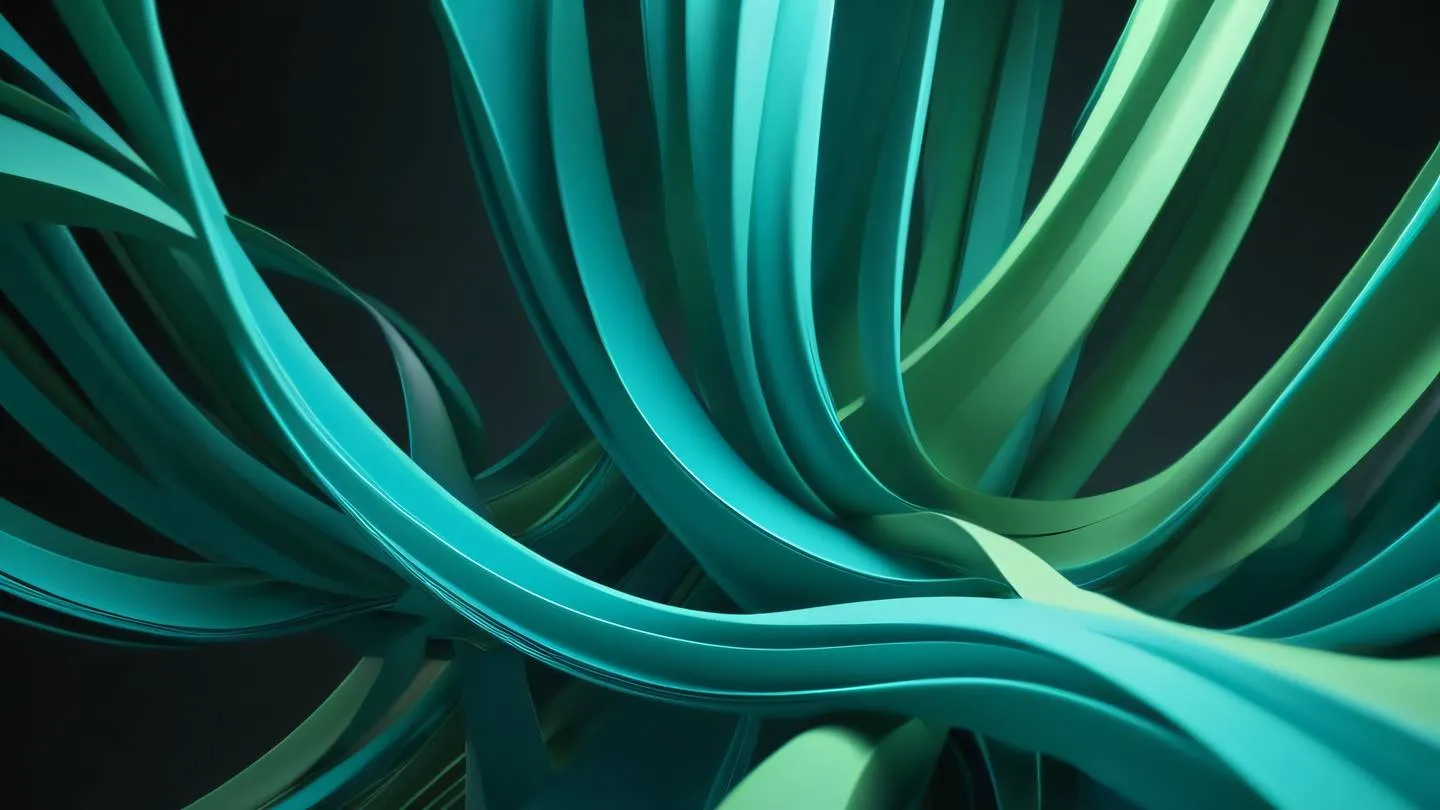 A dynamic abstract composition featuring flowing geometric shapes and ribbons in turquoise blue and fresh moss green colors captured from a low angle perspective with dramatic lighting representing smooth transitions and fluid motion high-quality ultra-realistic cinematic 8K UHD high resolution sharp and detail