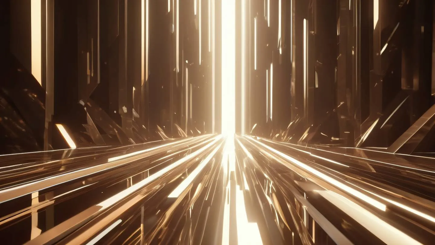 An abstract visualization of light rays passing through crystalline structures with rich brown and cream colored prisms creating a sense of transformation and movement shot from a straight-on perspective with rays extending towards viewer high-quality ultra-realistic cinematic 8K UHD high resolution sharp and detail