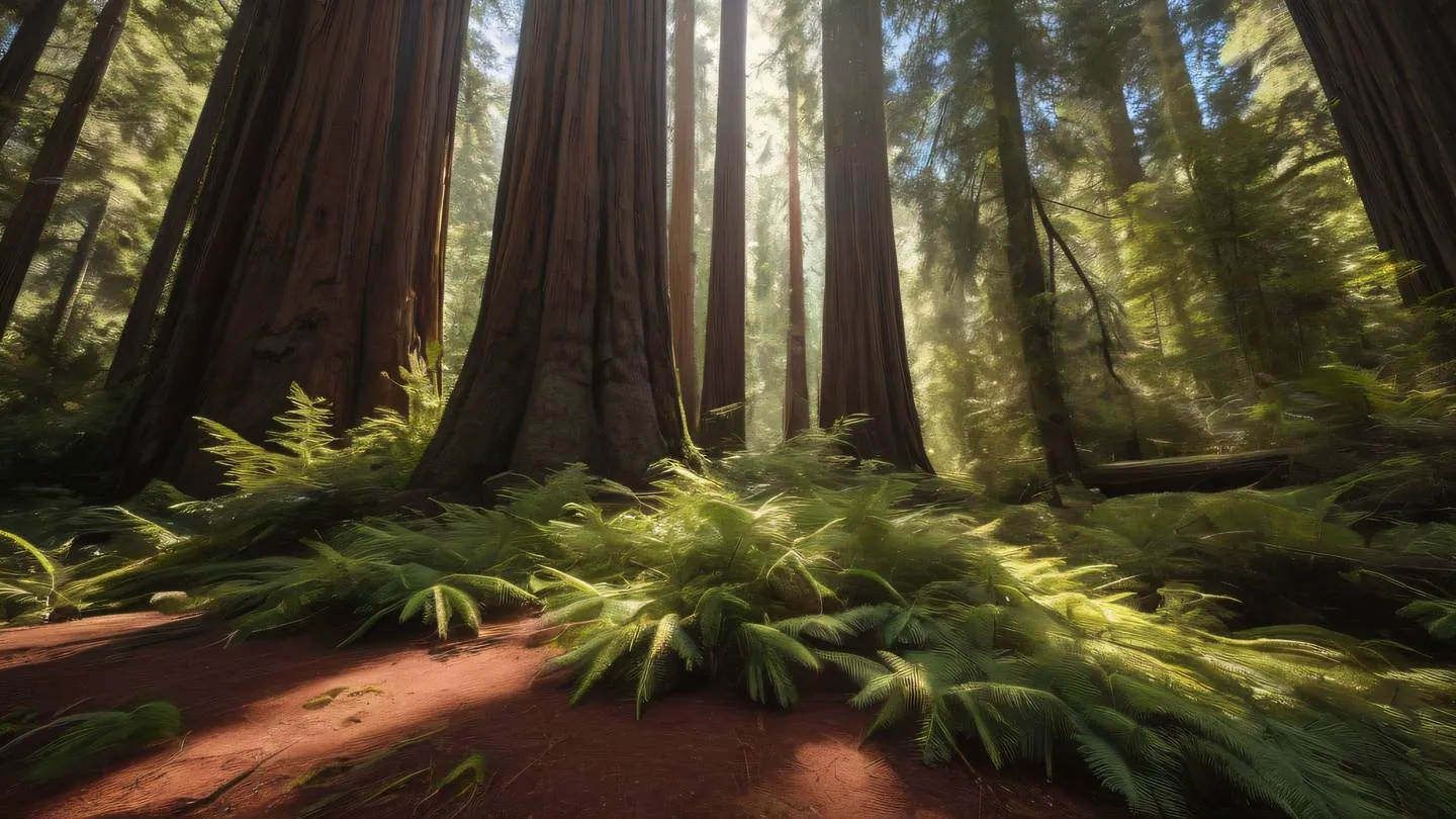 A nature scene of sunlight filtering through ancient redwood trees with perfect red and ochre colors painting the forest floor captured from a dramatic upward angle perspective high-quality ultra-realistic cinematic 8K UHD high resolution sharp and detail