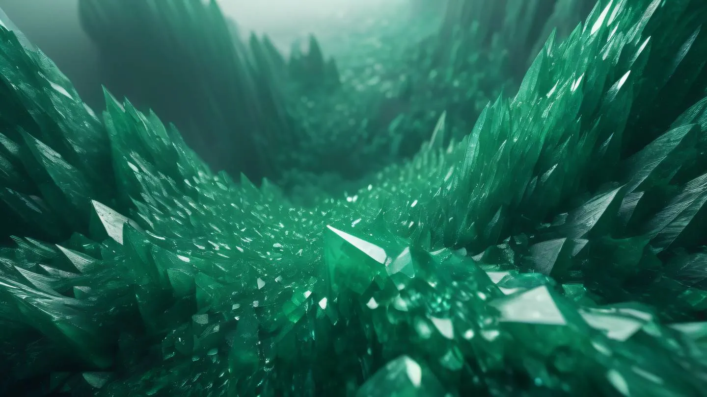 An abstract landscape with flowing emerald crystals and geometric patterns emerging from a misty background photographed from a bird's eye view perspective creating depth and dimension high-quality ultra-realistic cinematic 8K UHD high resolution sharp and detail