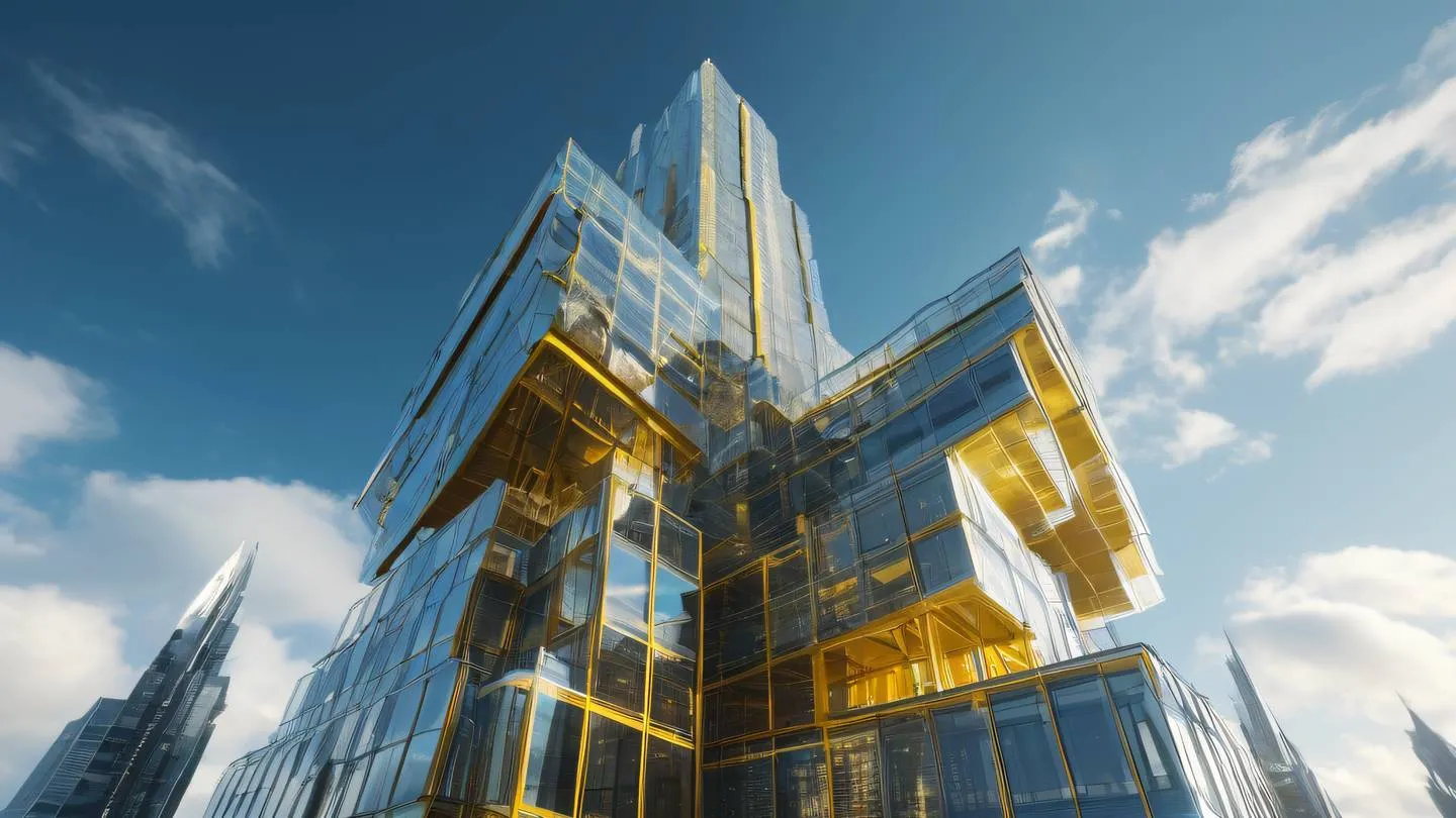 Futuristic crystal building with flowing geometric shapes yellow and silver glass panels catching sunlight architectural marvel floating in clouds ultra-realistic cinematic quality 8K UHD sharp details high resolution drone view from below looking up