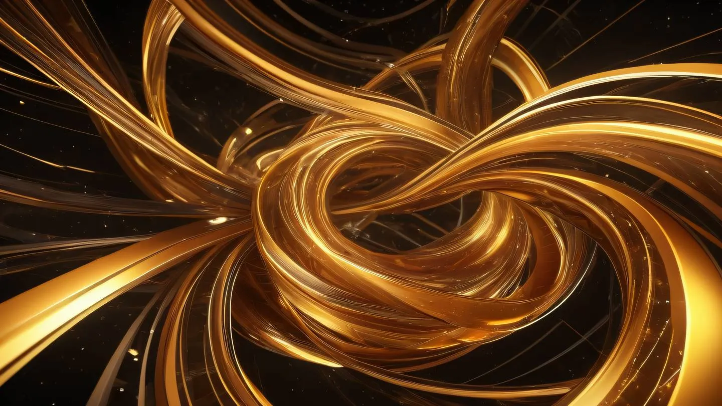 Abstract flowing ribbons of energy in amber and gold tones swirling through space geometric patterns merging and separating high-quality rendering ultra-realistic lighting 8K resolution cinematic composition eye-level perspective