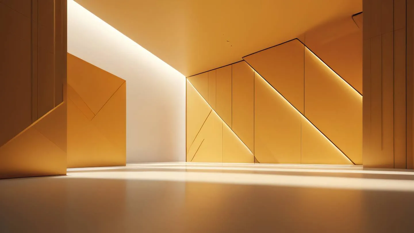 Modern minimalist design studio interior with abstract geometric shapes and floating panels bright amber and gold tones soft shadows dramatic side lighting shot from low angle perspective high-quality ultra-realistic cinematic 8K UHD high resolution sharp and detail