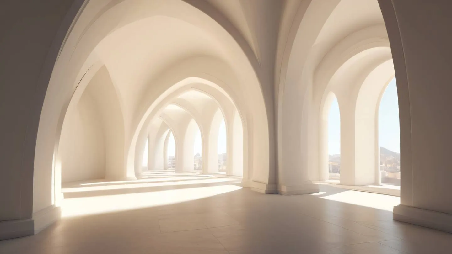 Elegant white architectural curves and arches with soft amber light streaming through creating dramatic shadows photographed from diagonal angle high-quality ultra-realistic cinematic 8K UHD high resolution sharp and detail