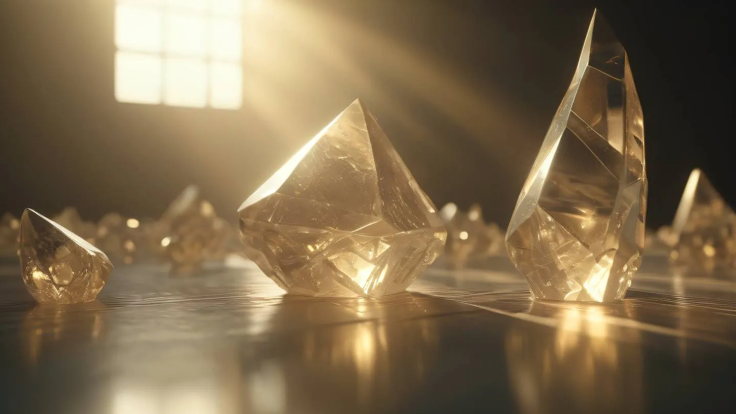 Floating geometric crystal formations with pale golden light rays piercing through creating ethereal atmosphere subtle reflections captured from straight-on perspective high-quality ultra-realistic cinematic 8K UHD high resolution sharp and detail