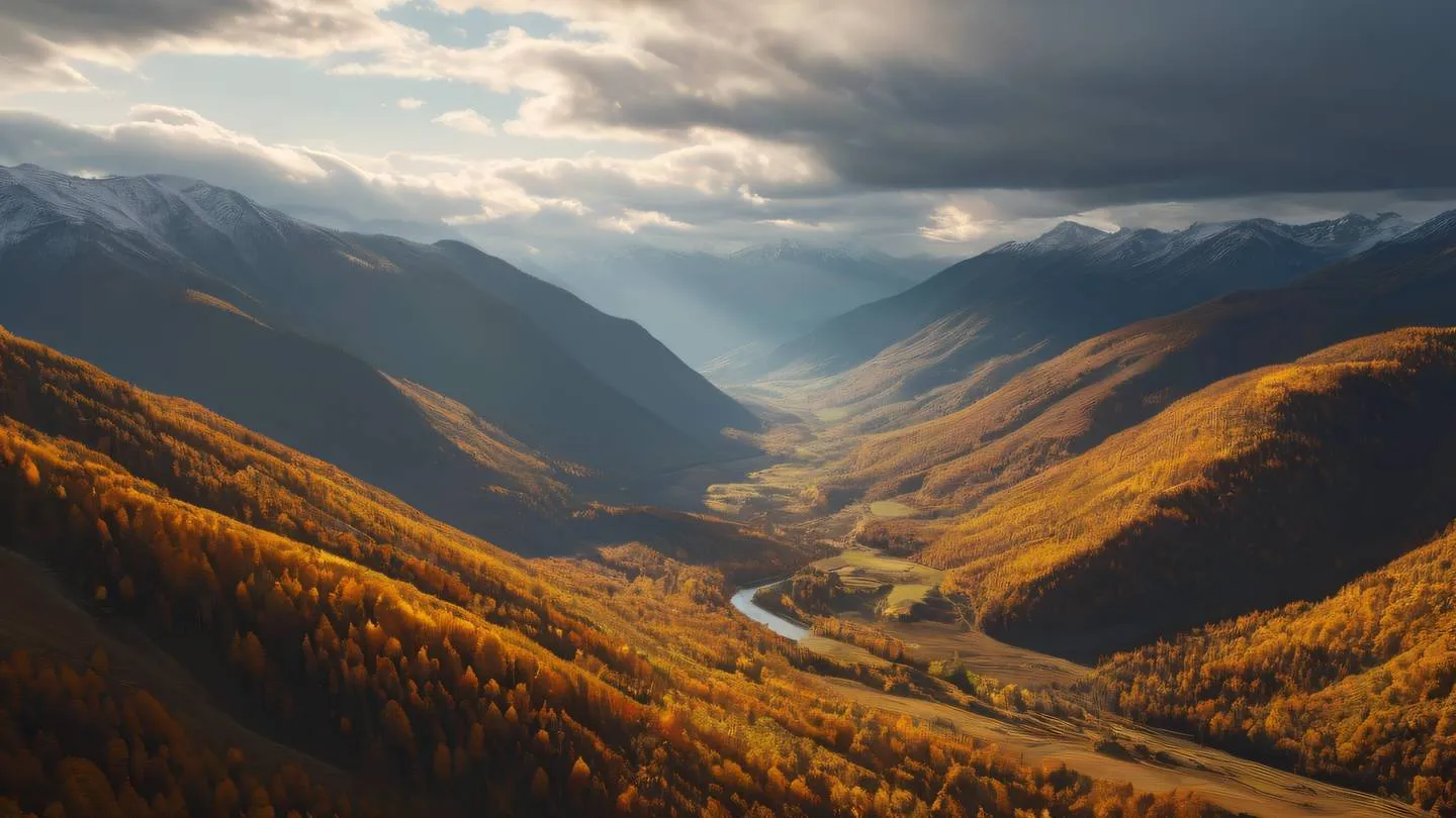 A serene mountain valley with layered ridges receding into the distance dramatic clouds catching golden sunlight aerial perspective from above bright warm autumn colors with orange and yellow hues dominating the landscape high-quality ultra-realistic cinematic 8K UHD high resolution sharp and detail