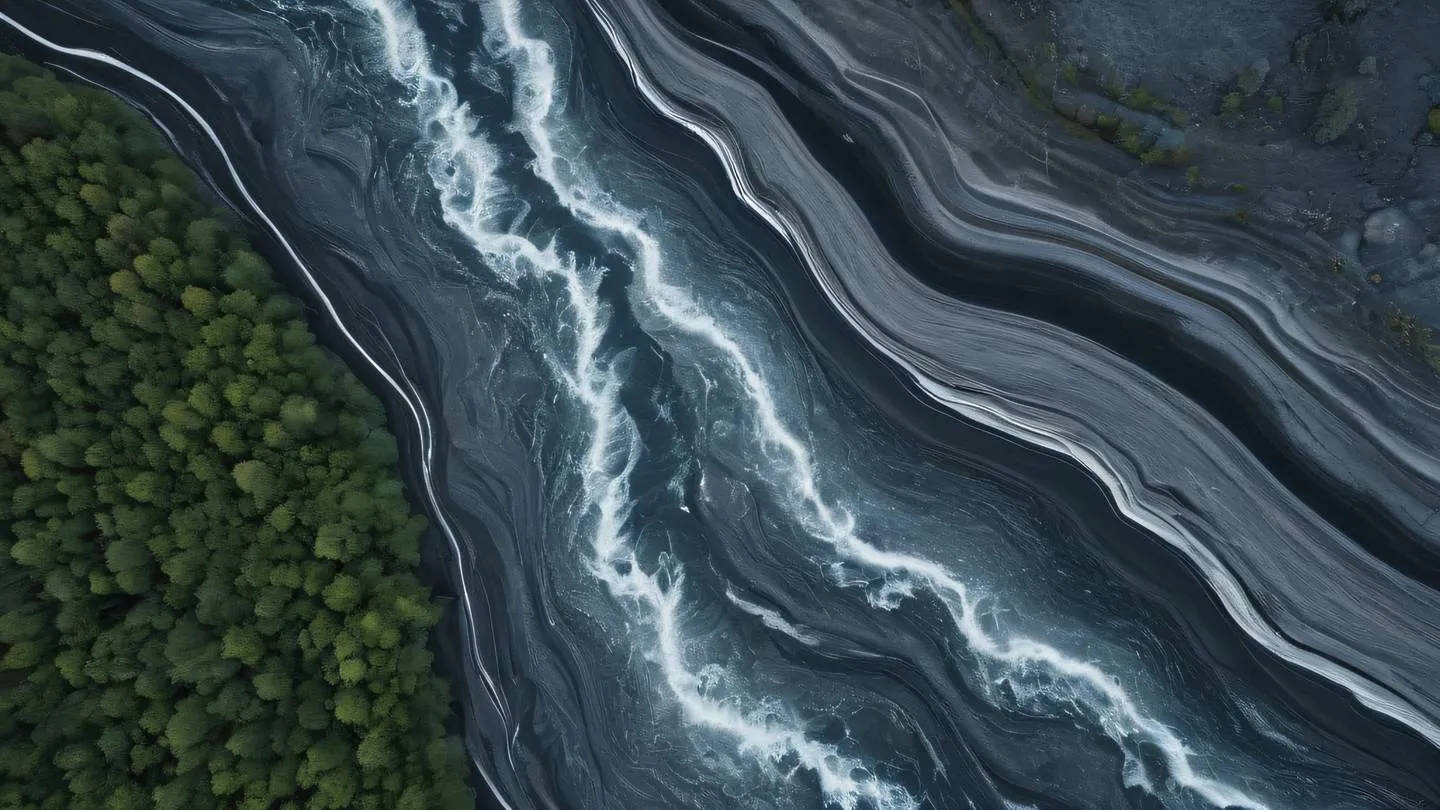 Aerial view of abstract patterns in nature featuring flowing water meeting land shot from directly above gray and silver tones with bright highlights natural textures and patterns high-quality ultra-realistic cinematic 8K UHD high resolution sharp and detail