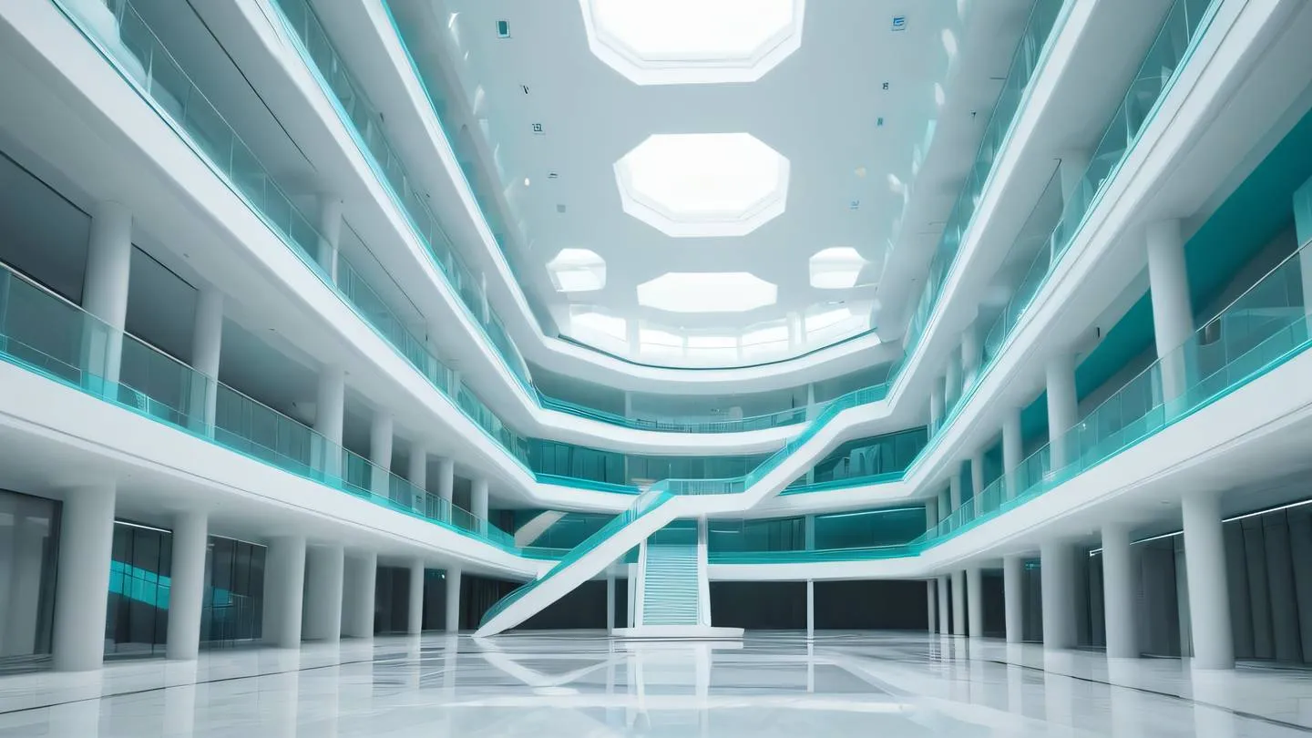 Modern minimalist architecture atrium with floating geometric shapes and suspended walkways featuring clean lines and dramatic natural lighting shot from low angle perspective dominated by whites and bright turquoise accents high-quality ultra-realistic cinematic 8K UHD high resolution sharp and detail