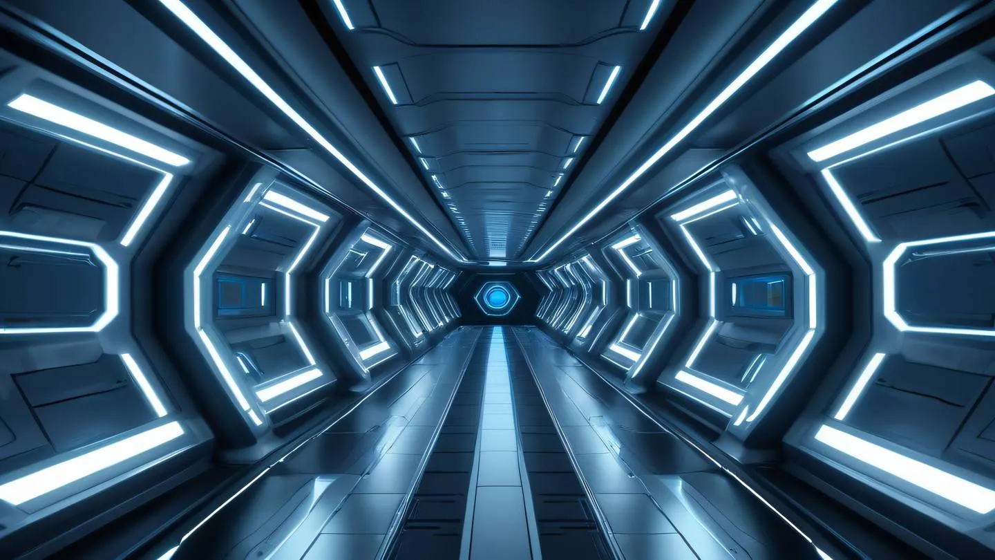 Futuristic spaceship interior corridor with clean lines and glowing ambient lighting featuring metallic surfaces and geometric patterns bright blue and silver color scheme photographed from straight-on perspective high-quality ultra-realistic cinematic 8K UHD high resolution sharp and detail