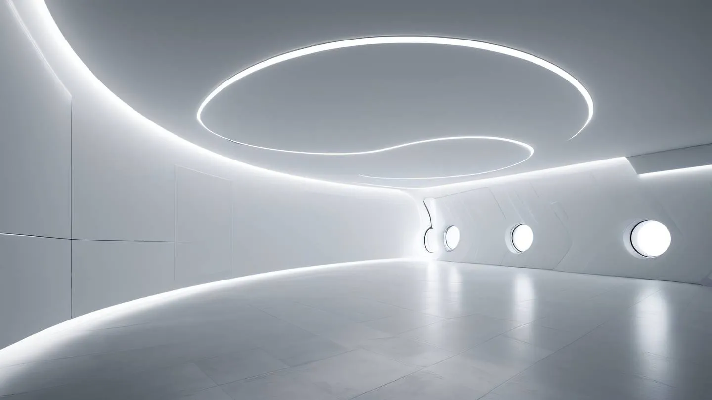 Minimalist architectural space with floating curved panels and light beams featuring clean white surfaces with subtle grey gradients and precise geometric shadows captured from diagonal perspective high-quality ultra-realistic cinematic 8K UHD high resolution sharp and detail