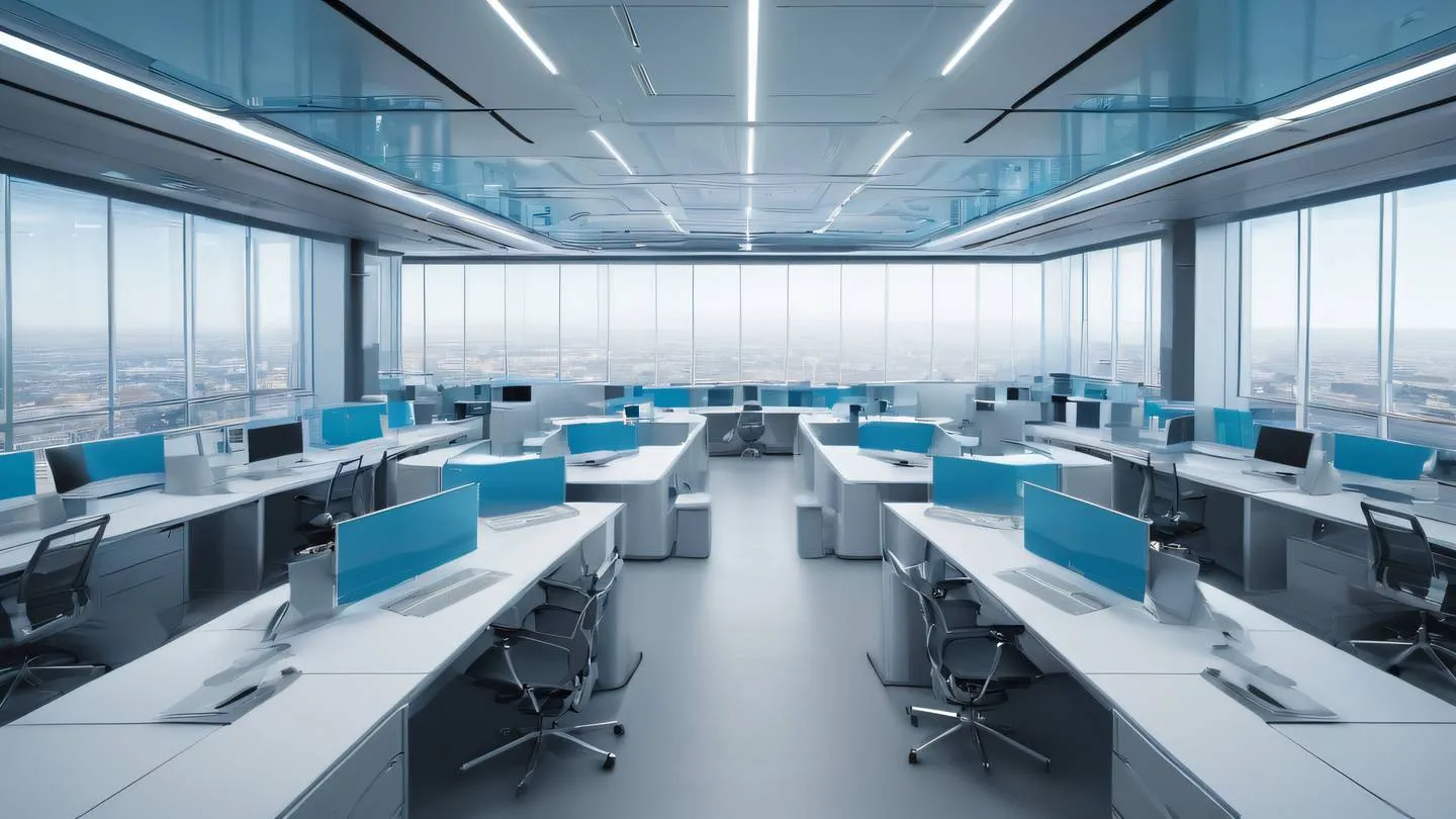 Futuristic open-plan office space with floating geometric shapes featuring baby blue glass panels and silver metallic surfaces architectural visualization overhead drone shot perspective high-quality ultra-realistic cinematic 8K UHD high resolution sharp and detail