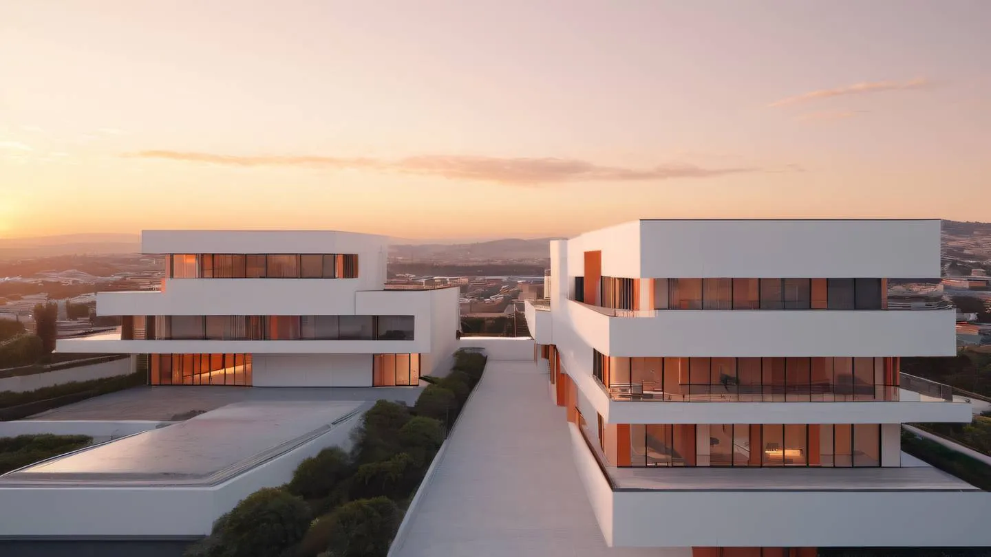 Modern minimalist architecture featuring intersecting planes and clean lines salmon-orange and off-white geometric facades catching sunset light straight-on architectural perspective high-quality ultra-realistic cinematic 8K UHD high resolution sharp and detail