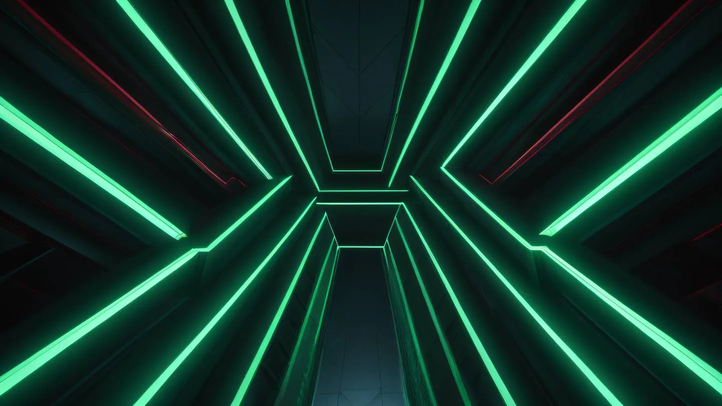 Abstract architectural space with floating neon green and ruby red geometric shapes against a dark background dramatic low-angle perspective shot looking upward high-quality ultra-realistic cinematic 8K UHD high resolution sharp and detail