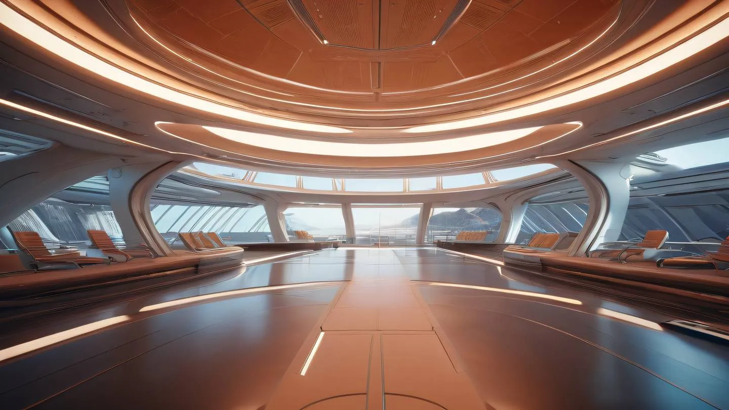 Futuristic spaceport interior with sweeping curves and warm peach-colored ambient lighting reflecting off brushed metal surfaces wide-angle architectural perspective high-quality ultra-realistic cinematic 8K UHD high resolution sharp and detail