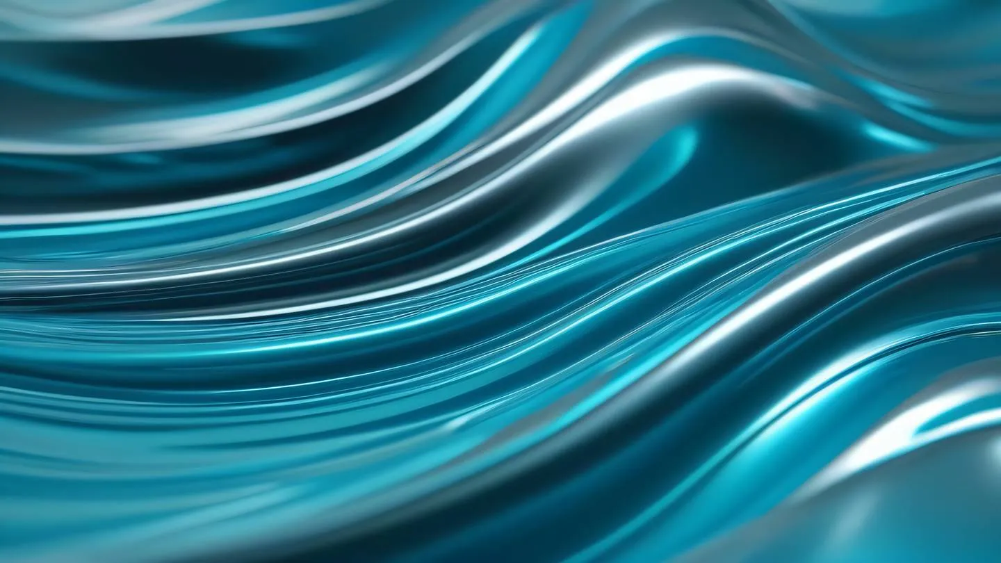 Flowing abstract waves of liquid metal with reflective surfaces in brushed steel and bright cyan blue colors. Shot from 45-degree angle capturing dynamic motion high-quality ultra-realistic cinematic 8K UHD high resolution sharp and detail