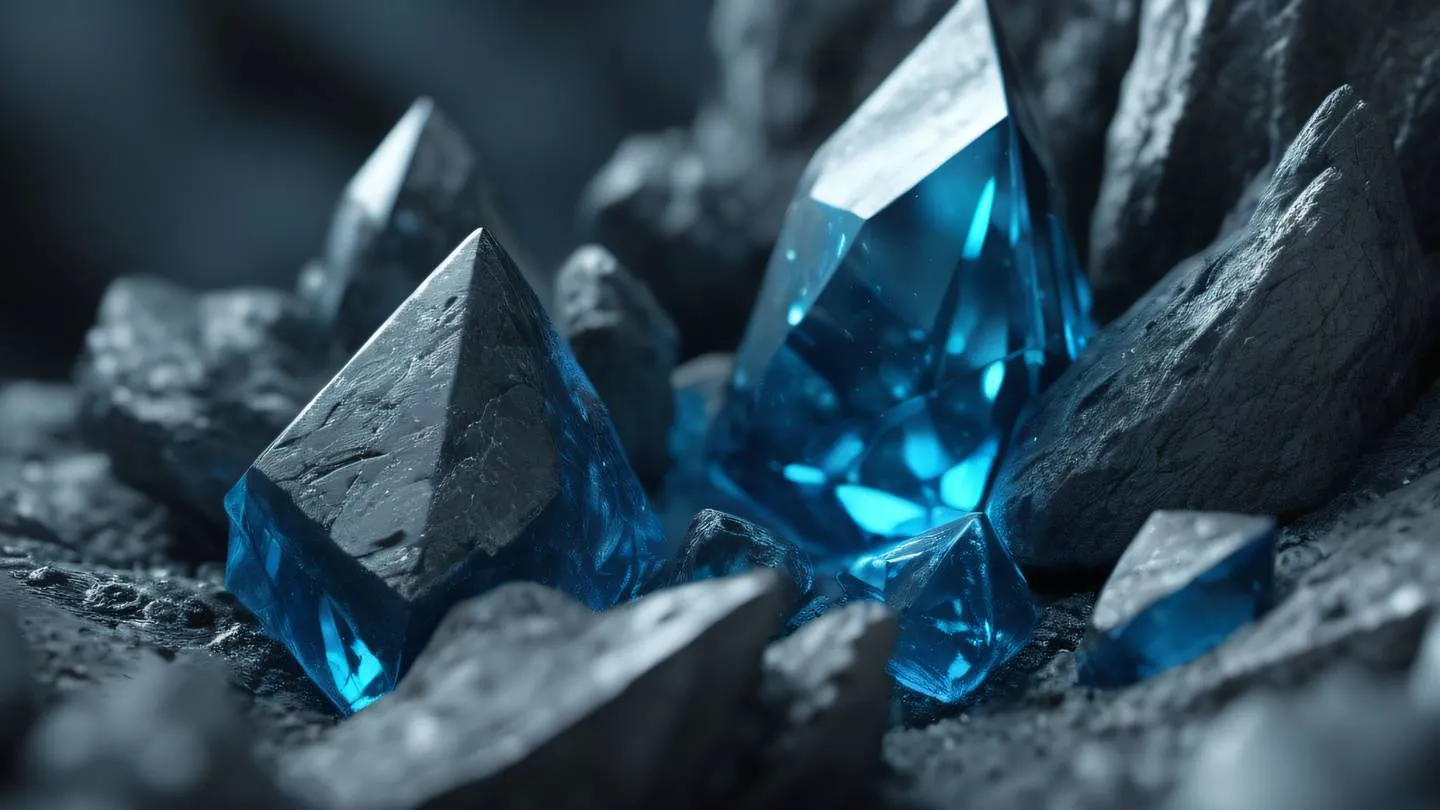 Crystalline formations with sharp angles and smooth faces in steel gray and electric blue colors. Macro close-up shot from side angle high-quality ultra-realistic cinematic 8K UHD high resolution sharp and detail