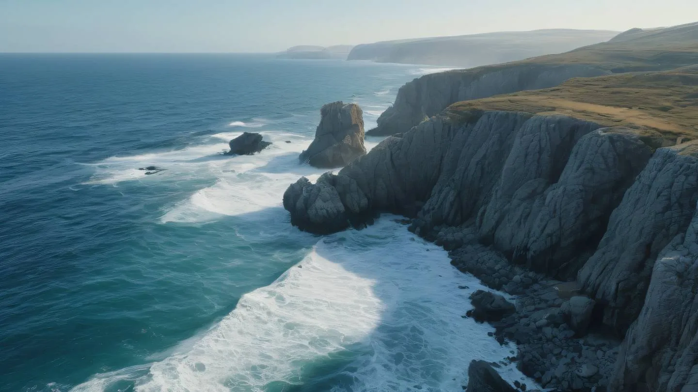 Rocky coastline with waves crashing against geometric stone formations. Color palette: Dusty blue ocean meeting October mist sky. Camera angle: Wide landscape shot from slightly elevated position high-quality ultra-realistic cinematic 8K UHD high resolution sharp and detail