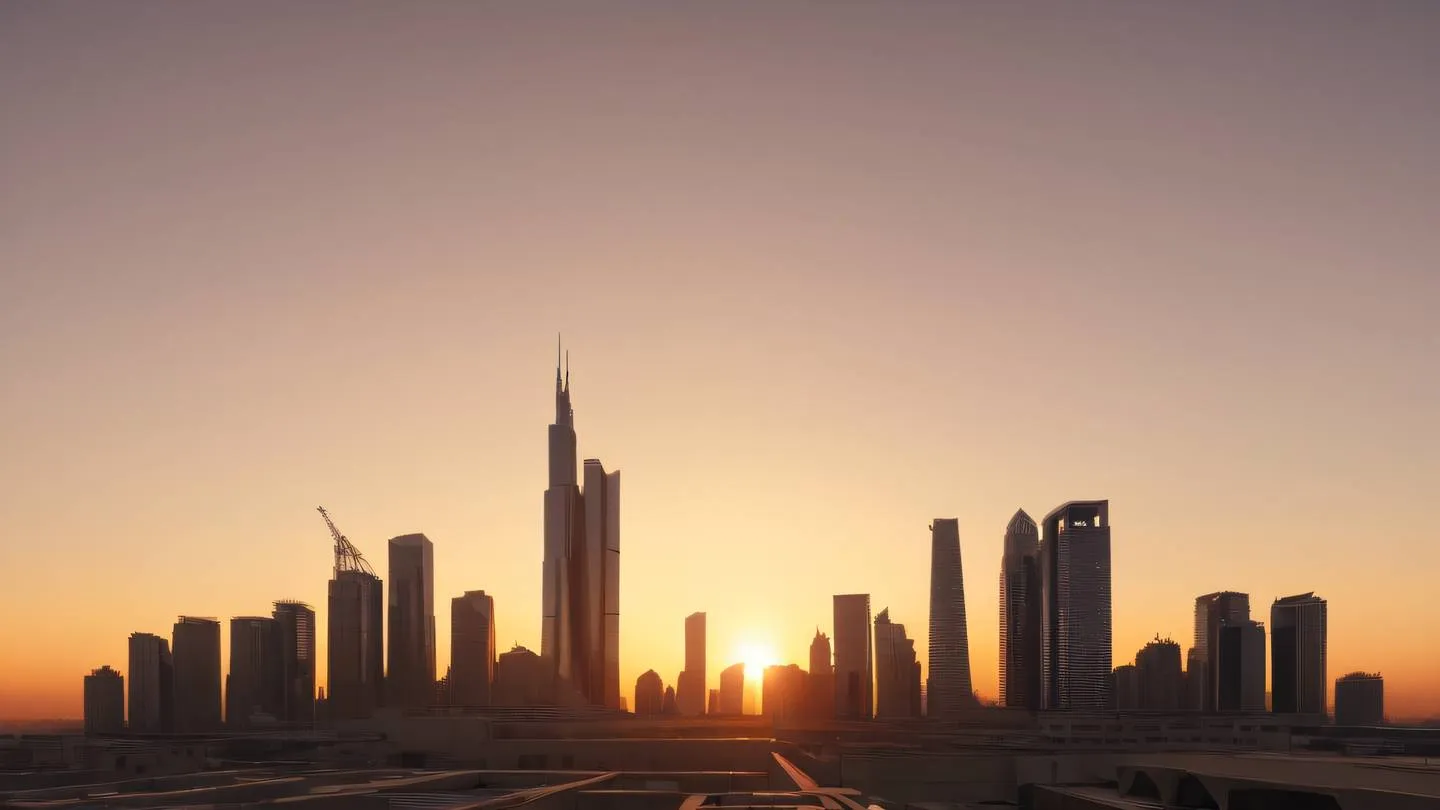 Modern architectural skyline with clean geometric shapes against a sunset sky. Color palette: sand and bright orange with subtle black silhouettes. Camera angle: Eye-level panoramic view high-quality ultra-realistic cinematic 8K UHD high resolution sharp and detail