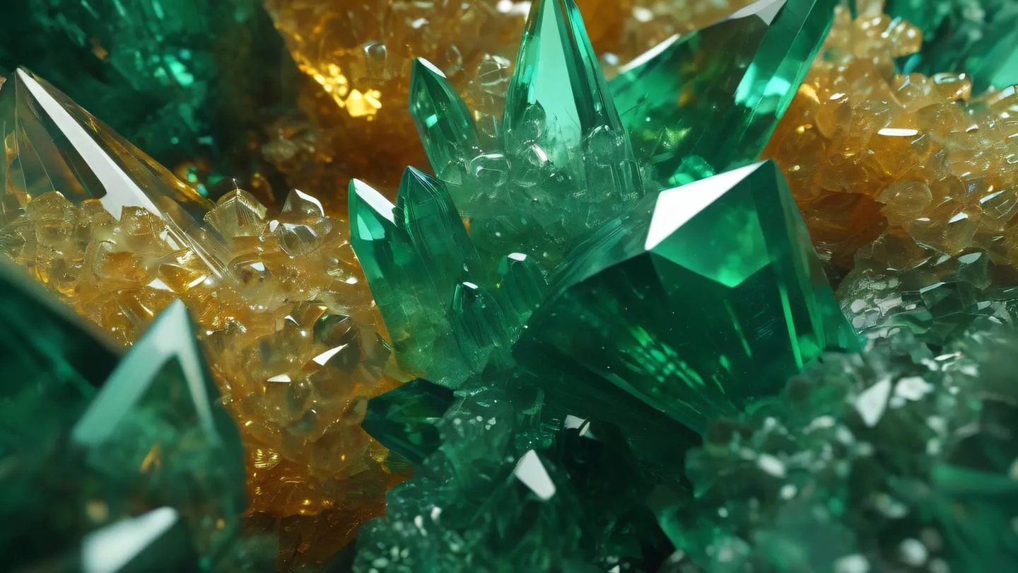 A close-up overhead shot of overlapping translucent crystal formations in emerald green and golden amber tones with light refracting through the surfaces creating a pattern reminiscent of modern UI design high-quality ultra-realistic cinematic 8K UHD high resolution sharp and detail