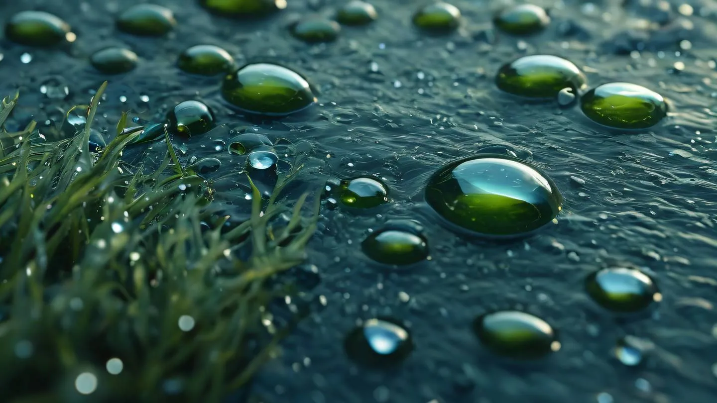 A macro shot of dewdrops on seaweed-colored brush stroke textures flowing diagonally across the frame from bottom left to top right with stone blue accents catching the light high-quality ultra-realistic cinematic 8K UHD high resolution sharp and detail