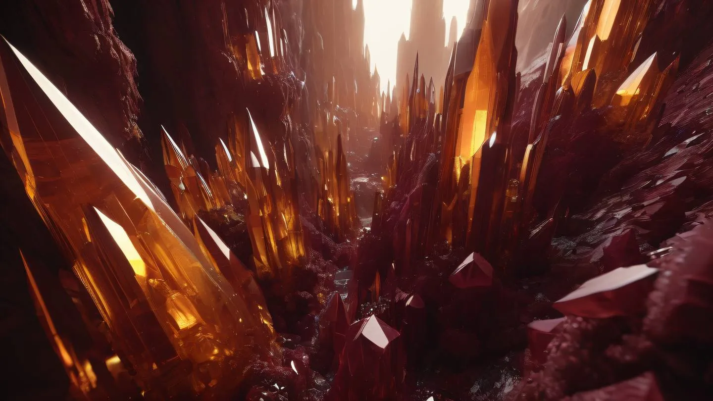 A low-angle shot of towering crystal formations in deep maroon and amber colors with light streaming through creating geometric patterns arranged in a way that suggests a modern interface design high-quality ultra-realistic cinematic 8K UHD high resolution sharp and detail