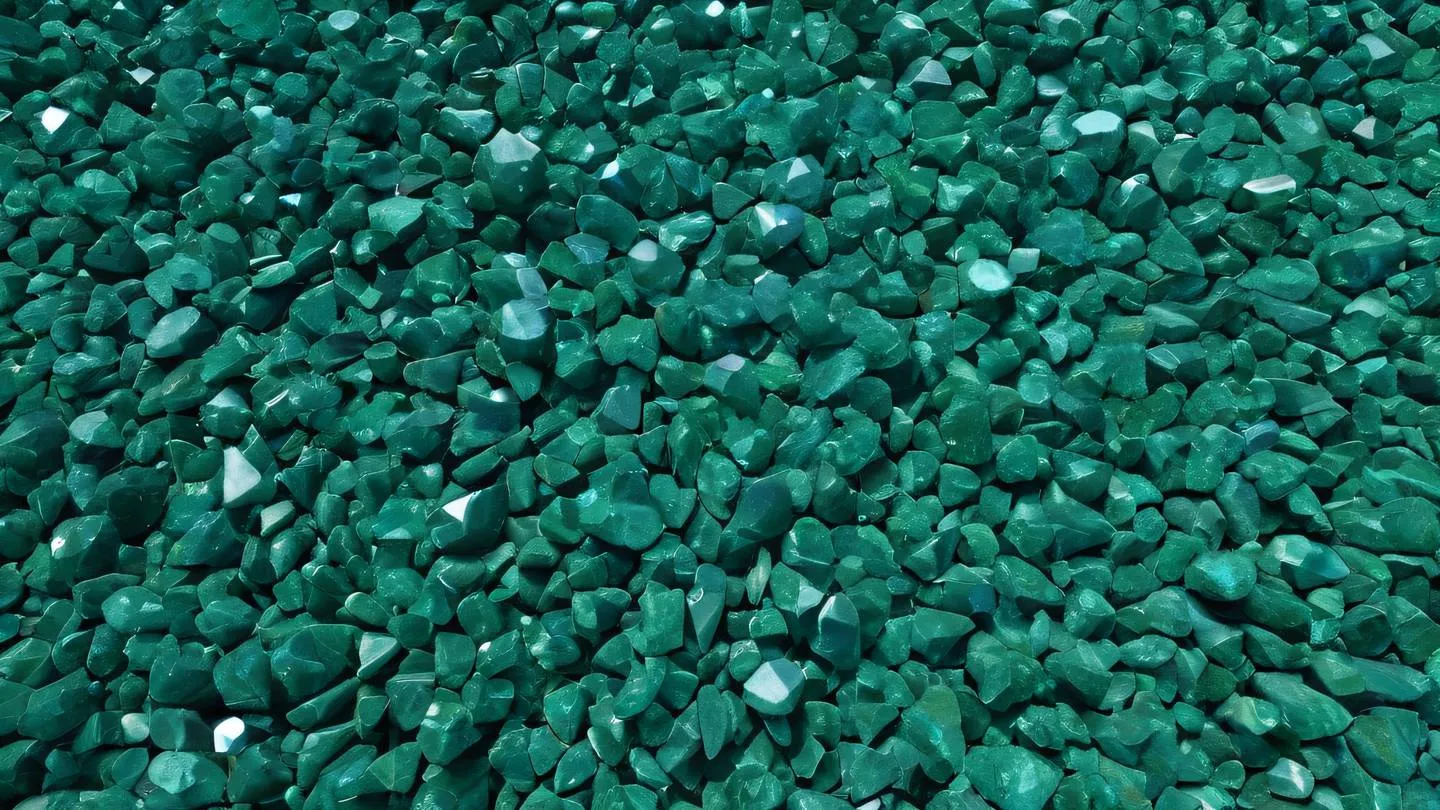 A bird's eye view of an abstract garden pattern made of interlocking emerald and stone blue crystalline shapes with sunlight creating dynamic shadows and reflections high-quality ultra-realistic cinematic 8K UHD high resolution sharp and detail