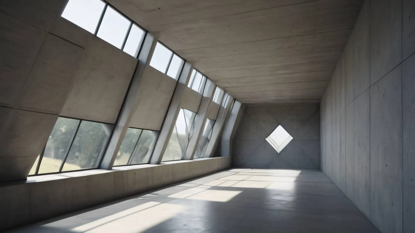 Minimalist architectural interior with concrete walls and black accents featuring natural light streaming through geometric windows shot from a diagonal perspective high-quality ultra-realistic cinematic 8K UHD high resolution sharp and detail