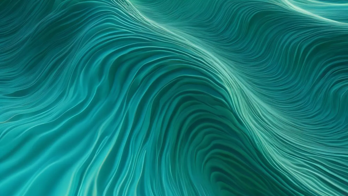 Abstract fluid waves with smooth gradients and organic flowing patterns featuring bright turquoise blue and fresh moss green colors ultra-realistic cinematic lighting 8K resolution shot from directly above with overhead camera angle high-quality sharp details