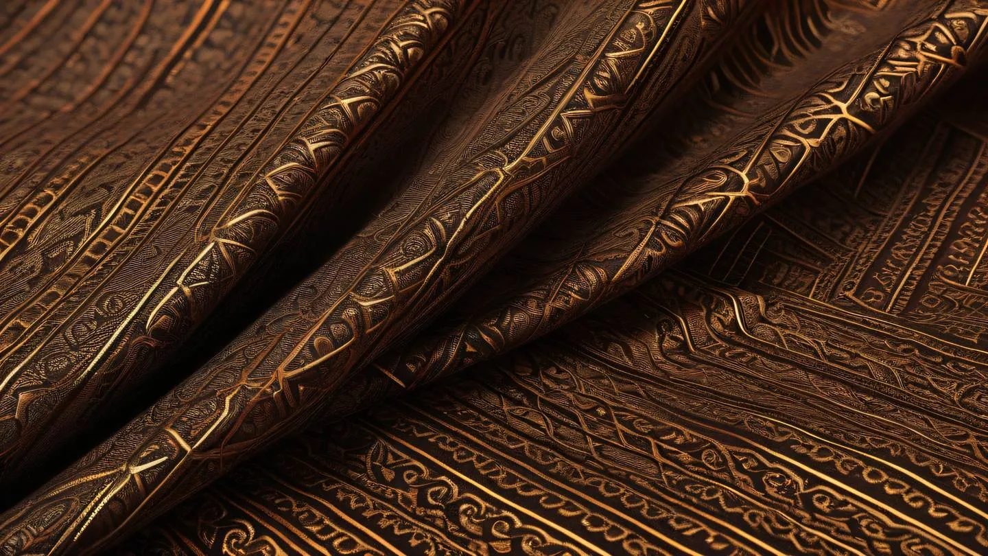 Elegant fabric texture with metallic gold and bright orange geometric patterns interwoven with deep walnut brown accents captured from a 45-degree angle ultra-realistic 8K UHD high resolution sharp details