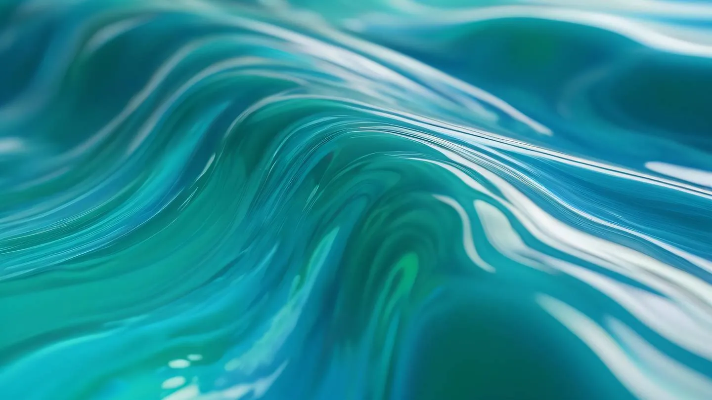 Iridescent surface with flowing liquid patterns in bright azure blue and emerald green featuring organic shapes and smooth transitions photographed from a macro close-up angle cinematic 8K ultra-realistic high-quality sharp details