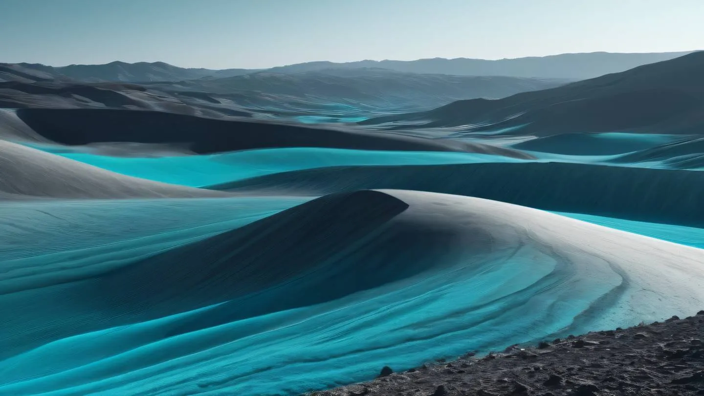 Abstract planetary landscape with smooth rolling hills and valleys featuring bright iron grey and turquoise blue gradients captured from a low angle perspective ultra-realistic cinematic 8K UHD high resolution sharp and detailed