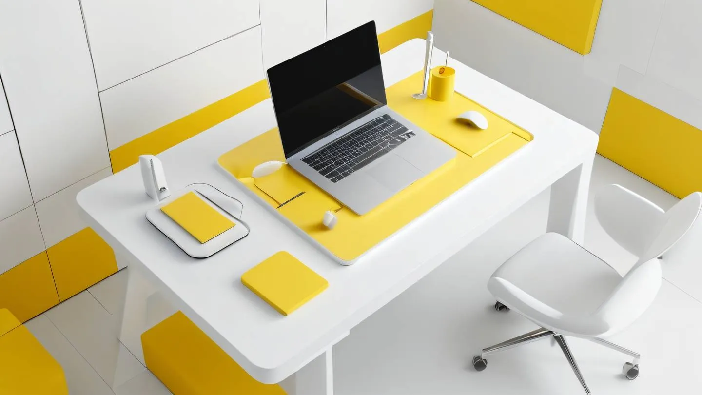 Futuristic minimalist workspace with floating geometric shapes bright canary yellow and white color scheme clean lines and subtle light reflections shot from above with wide angle lens high-quality ultra-realistic cinematic 8K UHD high resolution sharp and detail