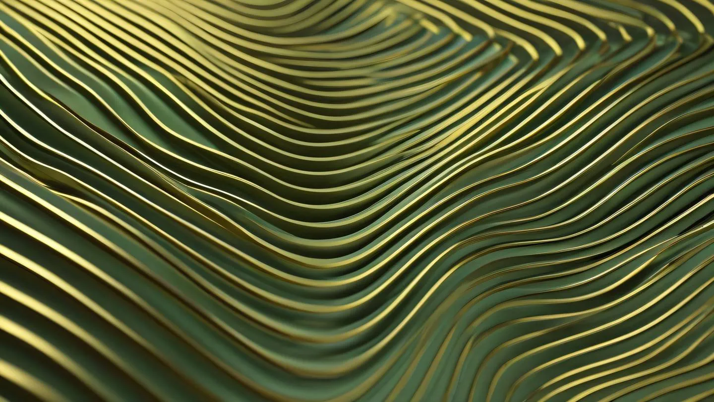 Abstract flowing lines forming a grid pattern iridescent gold and sage green colors interweaving shot from a low angle perspective bright lighting with soft shadows high-quality ultra-realistic cinematic 8K UHD high resolution sharp and detail