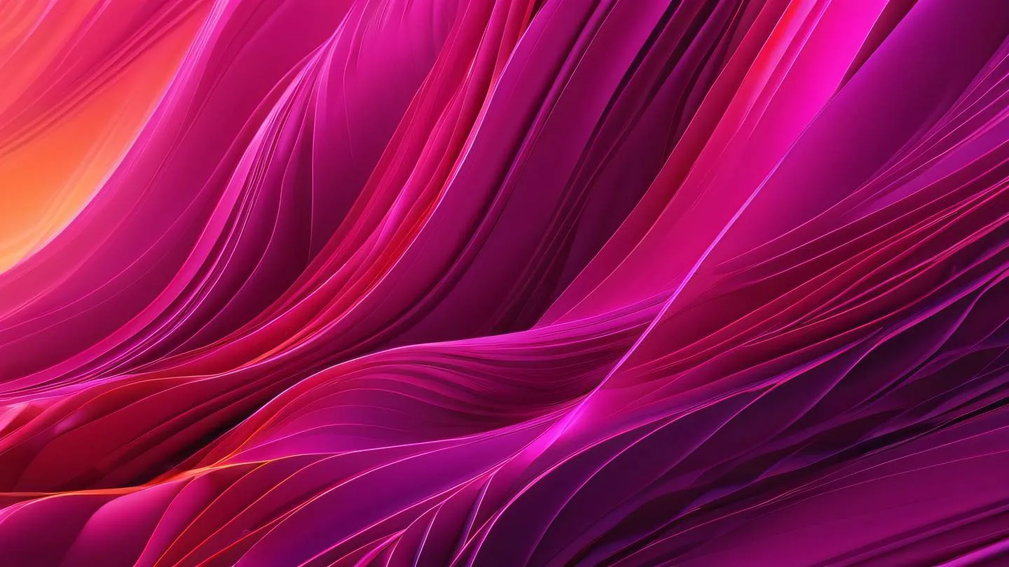 Abstract digital art with interconnected geometric shapes flowing in dynamic patterns featuring bright fuchsia and orange gradients with metallic silver accents ultra-realistic cinematic 8K high resolution sharp detail