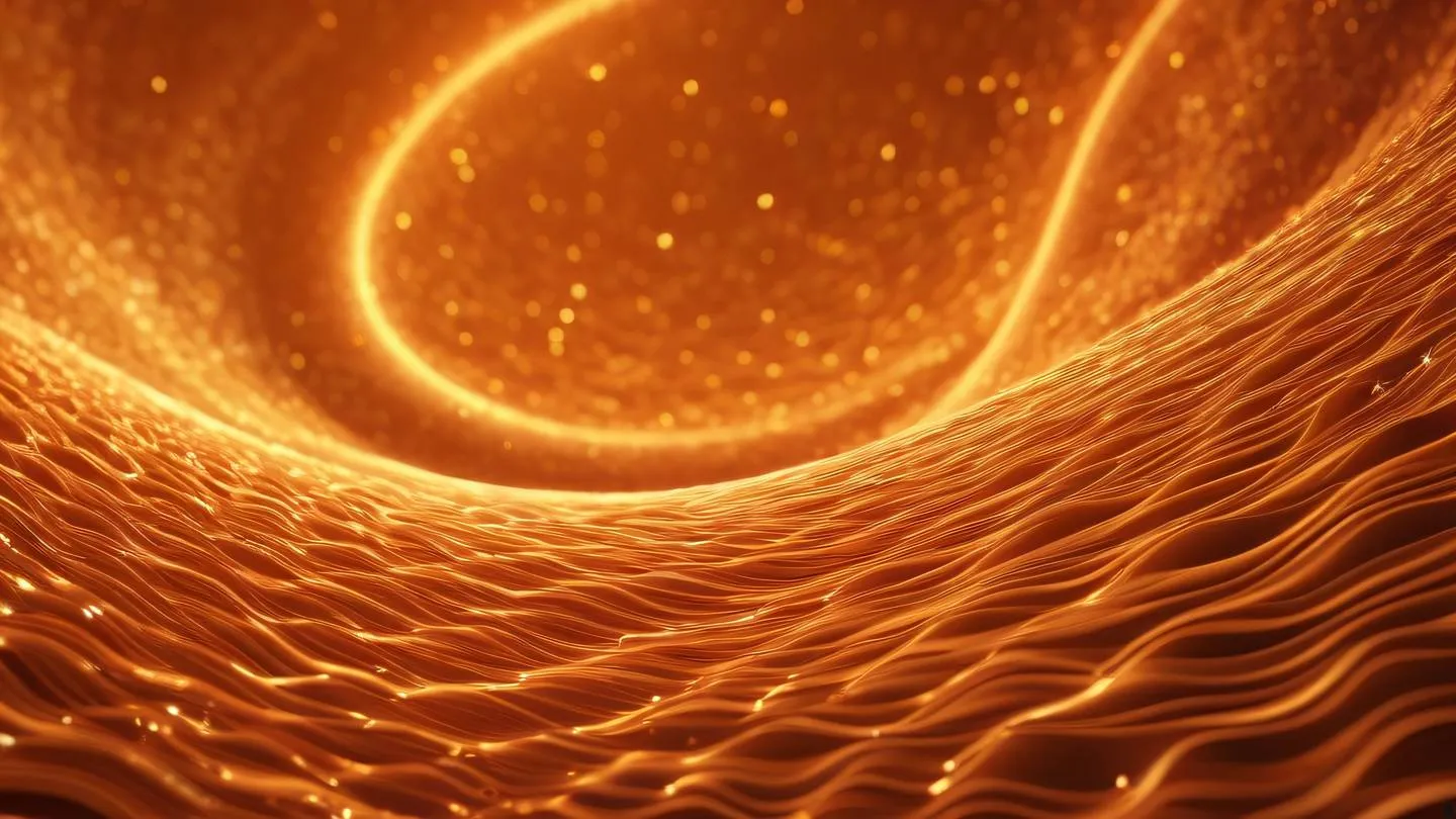 Flowing abstract waves of energy forming circular patterns dominant bright orange with gold shimmer effects resembling a cosmic dance of particles high-quality ultra-realistic cinematic 8K UHD