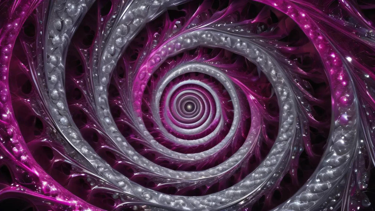 Spiral fractal patterns with metallic silver and fuchsia colors intertwining in a celestial dance featuring crystalline structures high-quality ultra-realistic cinematic 8K sharp detail