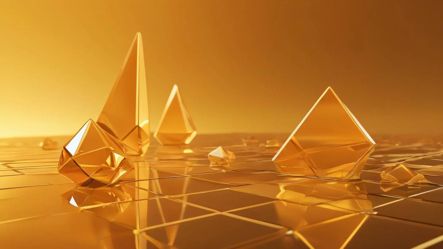 Elegant abstract composition with floating geometric shapes in bright gold and orange gradients featuring crystalline reflections and smooth transitions high-quality ultra-realistic cinematic 8K UHD sharp detail