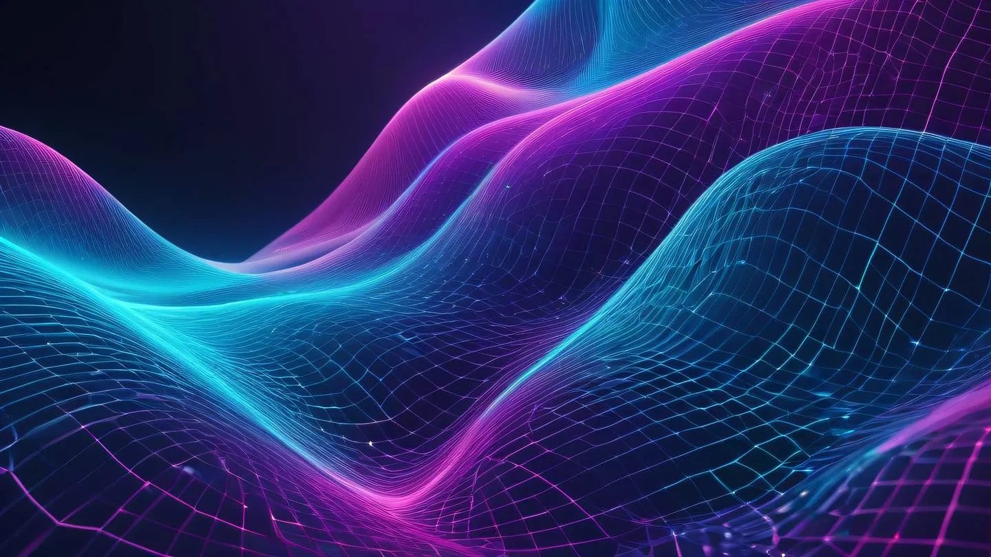 Abstract digital art composition with interconnected geometric shapes flowing in dynamic pattern bright holographic colors with purple and cyan gradients depicting concept of logic and flow high-quality ultra-realistic cinematic 8K UHD high resolution sharp and detail